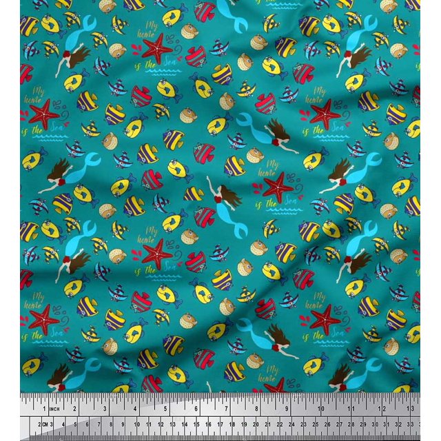 Soimoi Polyester Crepe Fabric Fish,Mermaid & Starfish Ocean Print Fabric by The Yard 52 Inch Wide