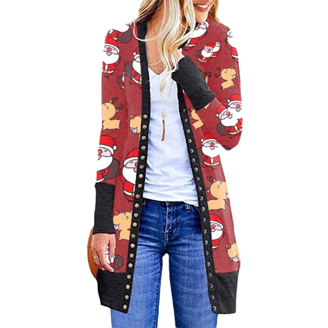 FOCUSNORM Women Juniors Christmas Long-Sleeved Cardigan Cartoon Holiday Clothing