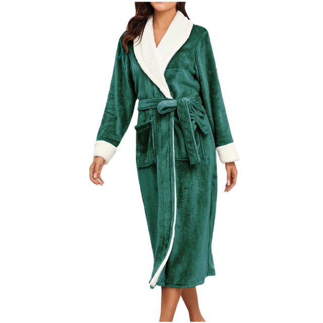 Penkiiy Womens Plush Soft Robe Warm Fleece Shawl Collar Bathrobe Fluffy Long Robes with Pockets 2XL Army Green