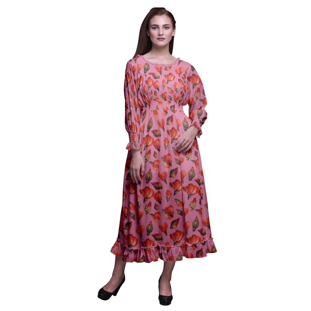 Bimba Robe à Fleurs pour Femme à Manches Longues, Smockée, Col Rond, à Volants, Maxi d'Été, Très Petit