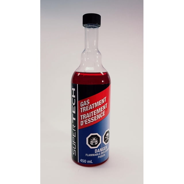Supertech Bouteille Nettoyante pour Injecteur de Carburant avec Liquide Rouge et Bouchon à Vis Noir, Étiquetée pour le Traitement des Gaz et l'Additif de Carburant, 450 ml, avec Avertissements d'Inflammabilité et de poison, Conçue pour Restaurer les Performances du Moteur et l'Efficacité du Carburant, Texte Bilingue Anglais et Français sur Fond Blanc