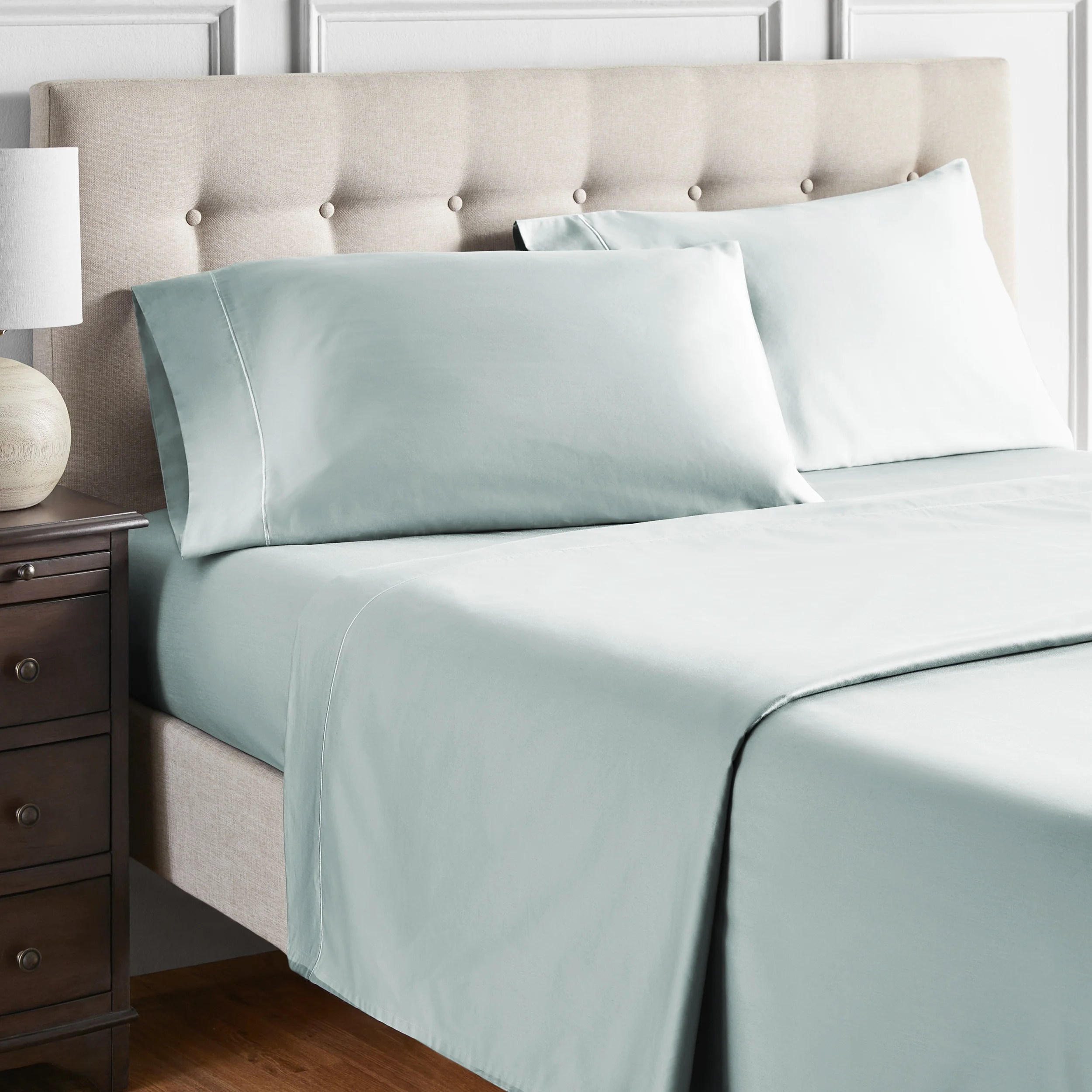 Ensemble de draps pour lit adulte en coton égyptien vert 600 contexture, 4 pièces, hotel style, grand lit - Poche profonde