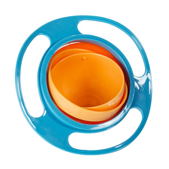 Baby Gyro Bowl 360 Degree Rotation Spill Resistant Kids Feeding Dish Bowl with a blue outer frame and orange inner bowl. Designed with a gyroscopic mechanism, it rotates 360 degrees to prevent spills, making it suitable for toddlers learning to eat. Made from PP material, it features a detachable design for easy cleaning.