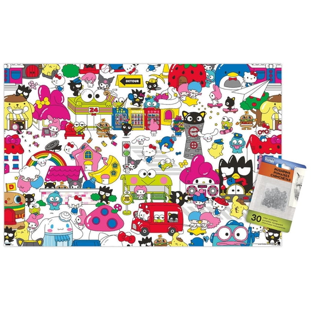 Hello Kitty and Friends : Hello - Affiche Murale de Groupe, 22,375 Po x 34 Po, Impression d'Art Mural Lustré Présentant un collage vibrant de Personnages Sanrio, Dont Hello Kitty, My Melody, Keroppi et Badtz-Maru, dans un Paysage Urbain Ludique avec des Boutiques, des Véhicules et des Détails Fantaisistes, Convenant à la Déco de Chambre Ou de Chambre d'Enfant.