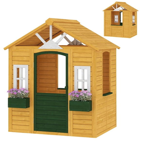 Qaba Wooden Outdoor Playhouse, Fir Wood Garden Cottage with 2 Flower Boxes, 3 Windows & Door, 53"L x 38.2"W x 59.1"H, Brown, Indoor Playroom & Backyard Activity Center