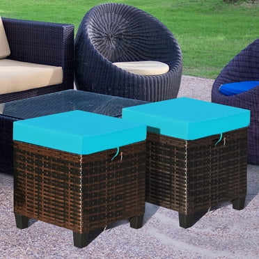 Costway Lot de 2 Poufs en Rotin pour Patio avec Coussin, Repose-Pieds, Table Basse, Turquoise