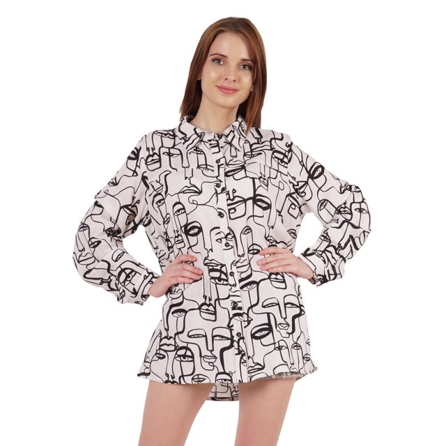 Inkmeso Printed Long Sleeve Oversized Shirt For WoMen's Loose Fit Button-Down Shirts Tunic