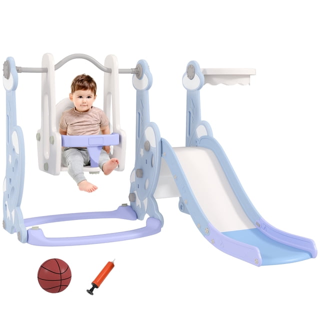 Qaba 4-in-1 Slide and Swing Set with Basketball Hoop, Climber, Light Blue. This toddler playground features a rocket-themed design with a cushioned slide, higher handrails, and a swing with safety rails and a supportive backrest. Includes a basketball hoop and a non-slip climber surface. Made from HDPE and PP materials with smooth edges for safety. Dimensions: 58.1 inches long, 63 inches wide, and 42.1 inches high. Suitable for children aged 18-48 months with a maximum load of 66 lbs.