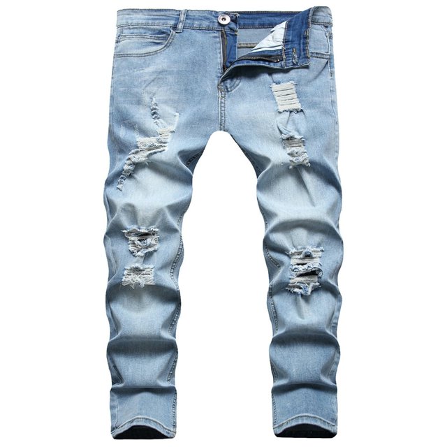 Men‘s Ripped Skinny Jeans Casual Male Slim Solid Color Long Trousers