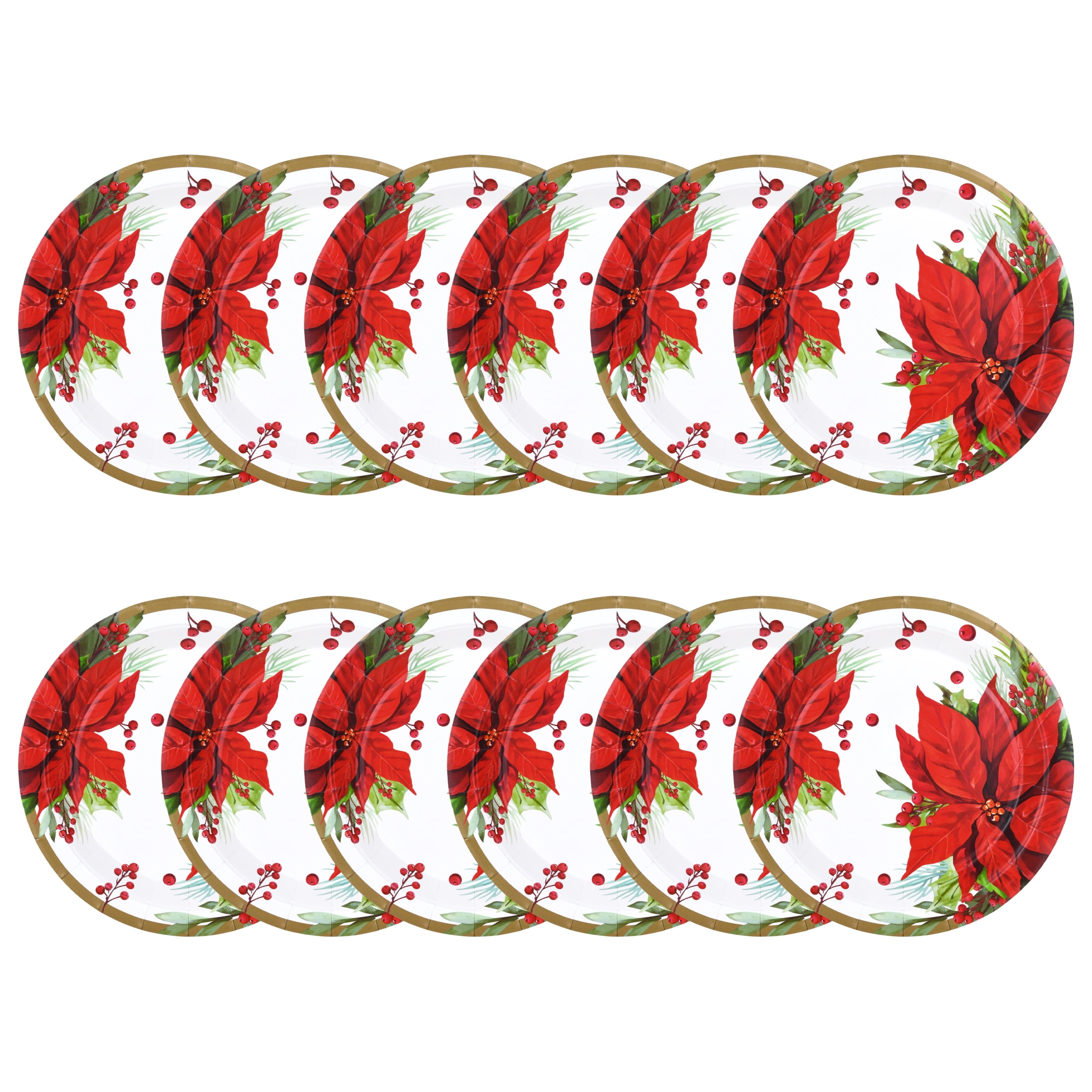 Christmas Multi Color Poinsettia Small Paper Plate, 7 in Dia, 12 Count, Tableware Sets, Holiday Time