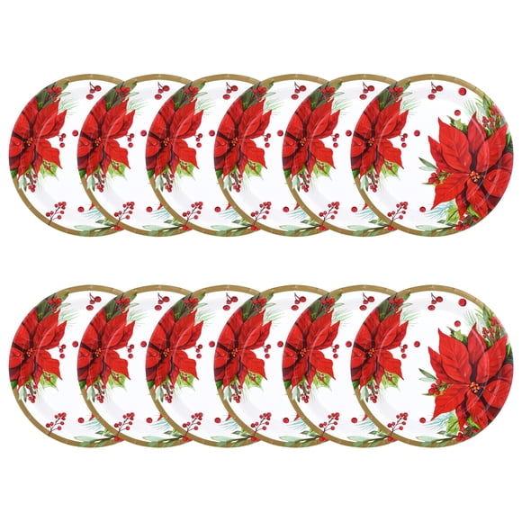 Christmas Multi Color Poinsettia Small Paper Plate, 7 in Dia, 12 Count, Tableware Sets, Holiday Time