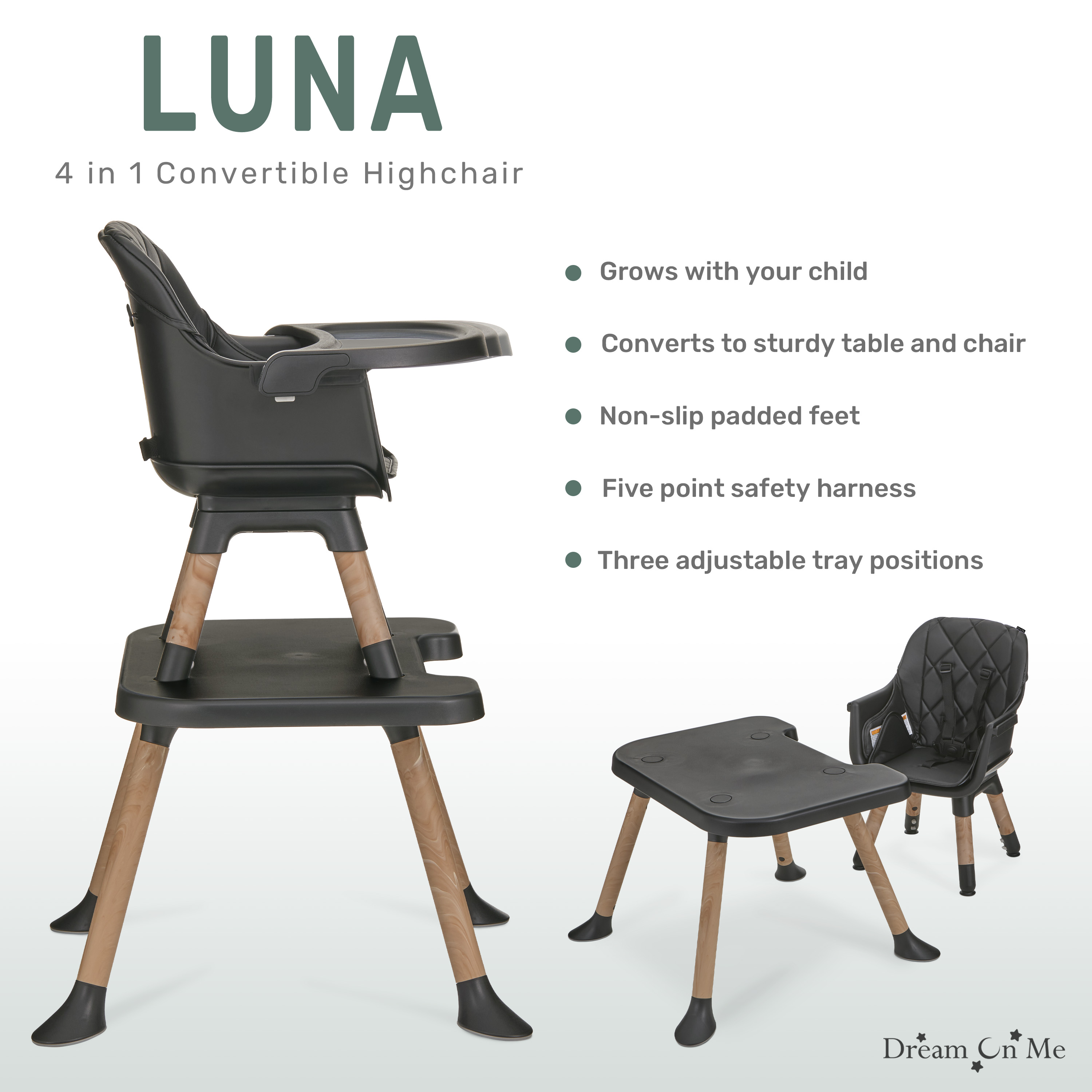 Chaise haute convertible 4 en 1 Dream On Me Luna, noire