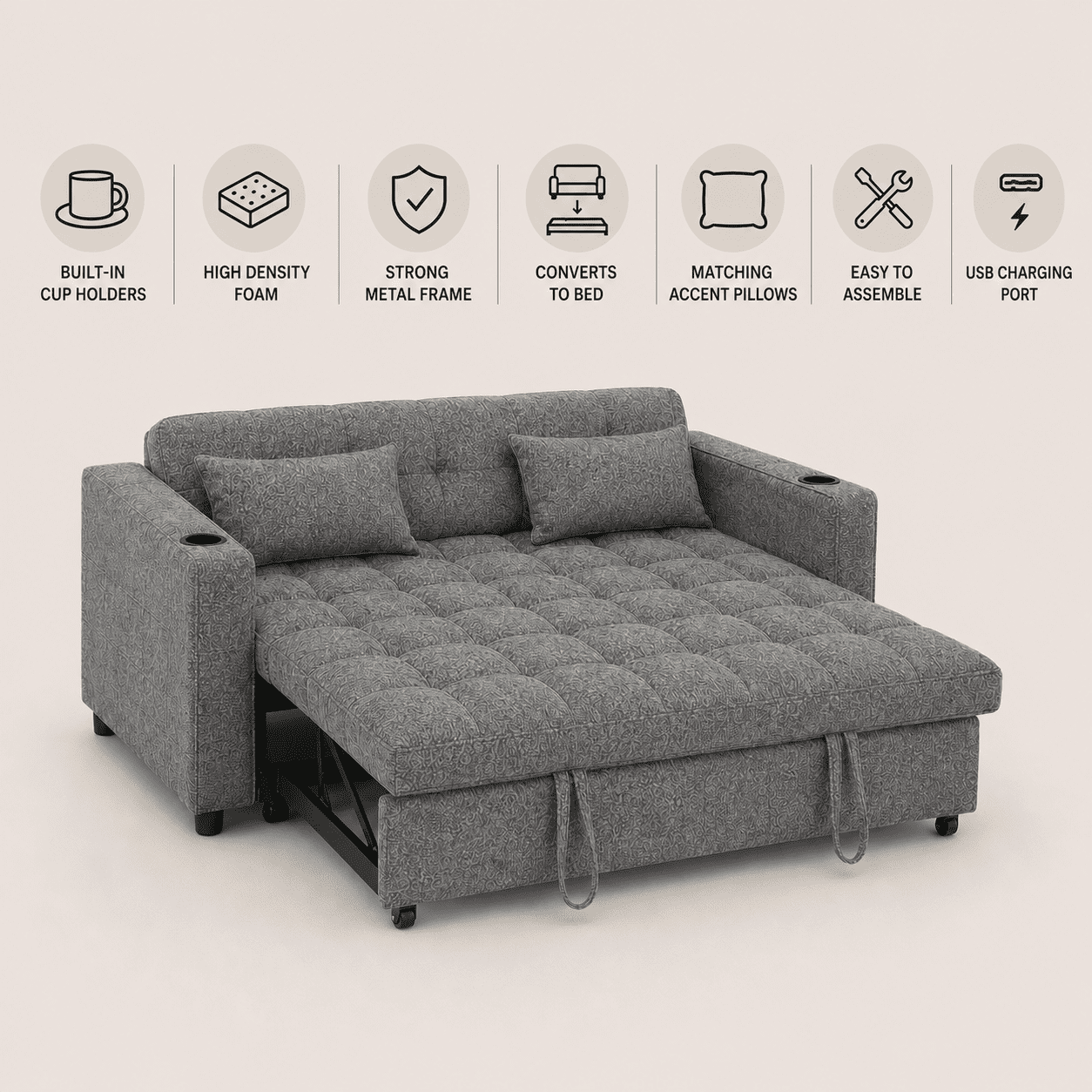 Cosmic Homes Aspire Fabric Sofa Bed with USB Charging Ports, Convertible Sleeper with Cup Holders, Pull-Out Couch Bed for Small Spaces - Grey