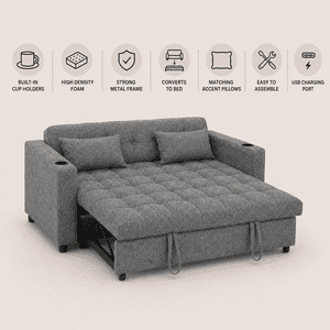 Cosmic Homes Aspire Fabric Sofa Bed with USB Charging Ports, Convertible Sleeper with Cup Holders, Pull-Out Couch Bed for Small Spaces - Grey