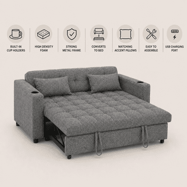 Cosmic Homes Aspire Canapé-Lit en Tissu avec Ports de Recharge USB, Lit Convertible avec Porte-Gobelets, Canapé-Lit Escamotable pour Petits Espaces - Gris