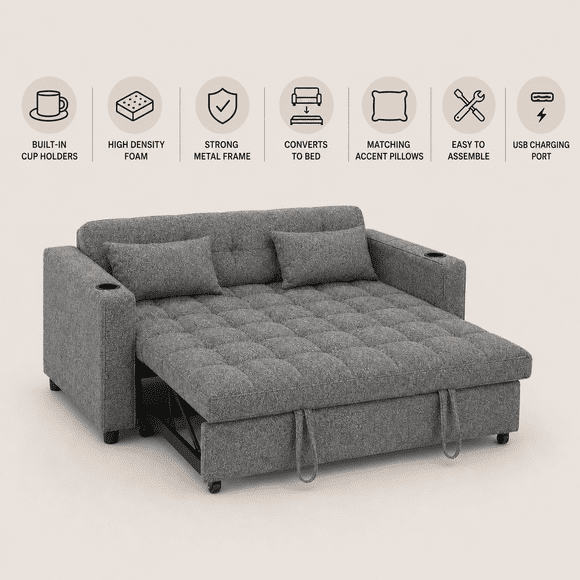 Cosmic Homes Aspire Canapé-Lit en Tissu avec Ports de Recharge USB, Lit Convertible avec Porte-Gobelets, Canapé-Lit Escamotable pour Petits Espaces - Gris