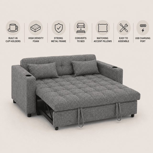 Cosmic Homes Aspire Canapé-Lit en Tissu avec Ports de Recharge USB, Lit Convertible avec Porte-Gobelets, Canapé-Lit Escamotable pour Petits Espaces - Gris