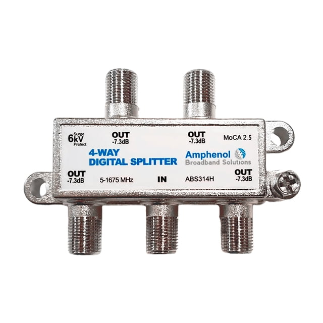 Amphenol 4-Way Digital Coaxial Splitter MoCA 2.5 ABS314H, featuring a durable metal body with four F-ports for splitting coaxial signals. Designed for MoCA 2.5 networks, it supports a frequency range of 5-1675 MHz with low insertion loss and high isolation. The splitter includes 6kV surge protection and pressure-sealed ports for enhanced reliability. Ideal for home or office networks requiring efficient signal distribution.