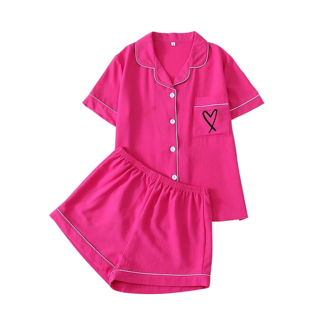 cfhntfmh Womens Pajama Sets Pj Set Cute Heart Print Short Sleeve Button down Shirt with Shorts 2 Piece Pjs Set