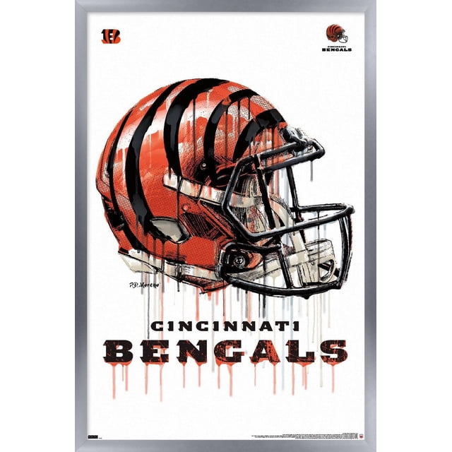 NFL Cincinnati Bengals - Affiche Murale « Drip Helmet 20 » avec Cadre Magnétique, 22,375 Po x 34 Po Présentant une illustration Orientée vers l'Avant d'Un Casque de football des Cincinnati Bengals avec des Rayures de Tigre orange et Noir et un Masque Facial Noir, Effet de Peinture Goutte à Goutte sur Fond Blanc, Encadré dans un Cadre Magnétique Argenté. le Texte Audacieux et Usé « Cincinnati Bengals » Se Trouvant en Dessous, Idéal pour