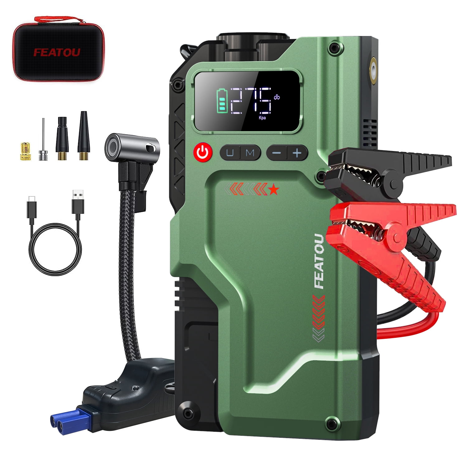 FEATOU Car Jump Starter with Air Compressor, 8000A Peak 12V Battery Jump Starter (for 8.5L Gas or 7.0L Diesel Engine),12V Auto Jump Box with LED Light, USB Quick Charge 3.0