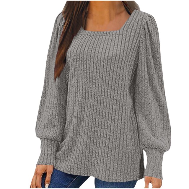 Meichang Cyber and Monday Deals, Puff Long Sleeve Shirts for Women Plus Size Square Neck Ribbed Knit Tops Solid Loose Fit Side Slit Hem Blouses Spring Trendy Women Tunic Tops
