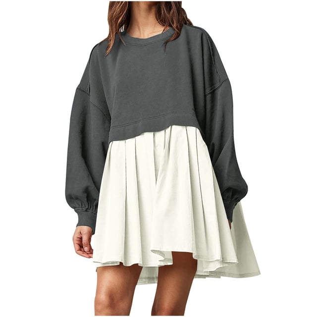 Dvkptbk Robes pour Femmes Décontractées à Col Rond, Robes Patchwork, Robe Grande Taille, Mode, Manches Longues, Longueur Genou