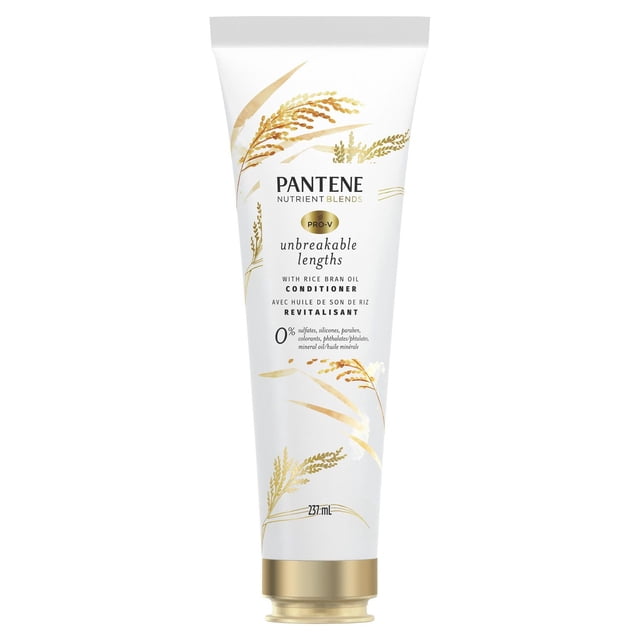 Pantene Sulfate Free Conditioner with Rice Bran Oil in a 237 mL white tube featuring gold botanical illustrations and a gold cap, formulated to reduce hair breakage and safe for color-treated hair, ideal for nourishing medium or long hair.