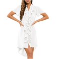 thumbnail image 2 of Pisexur Robe à Manches Courtes Col en V Femme Été Couleur Unie Bouton Mode Feuille Grand Frenulum Robe à Manches Courtes Col en V Robe Femme, 2 of 9
