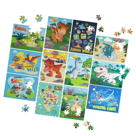 Jurassic World, Coffret de 12 puzzles de 24 pièces et 48 pièces pour enfants, puzzles dinosaure pour enfants à partir de 4 ans