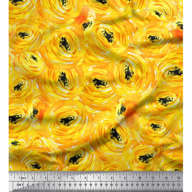 Soimoi Yellow Silk Fabric Watercolor Floral Decor Fabric Printed BTY 42 Inch Wide