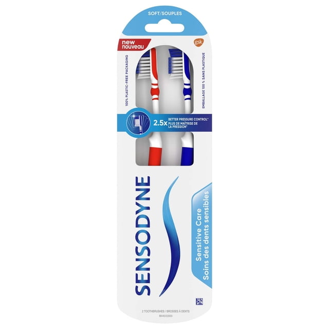 Sensodyne Sensitive Care Toothbrush, Soft Bristle, 2 Pack with two adult manual toothbrushes featuring soft bristles and ergonomic handles in red and blue, designed for sensitive teeth with 2.5 times better pressure control, packaged in 100% plastic-free recyclable material.