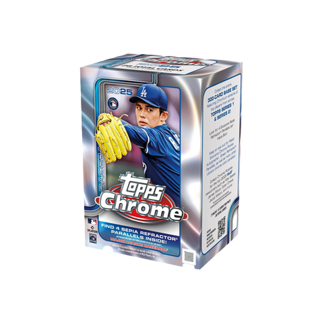 2025 Topps Chrome Baseball Trading Cards Value Box featuring a baseball pitcher in a blue Los Angeles Dodgers uniform with a yellow glove, highlighting Topps Chrome branding and sepia refractor parallels inside the 300-card base set.