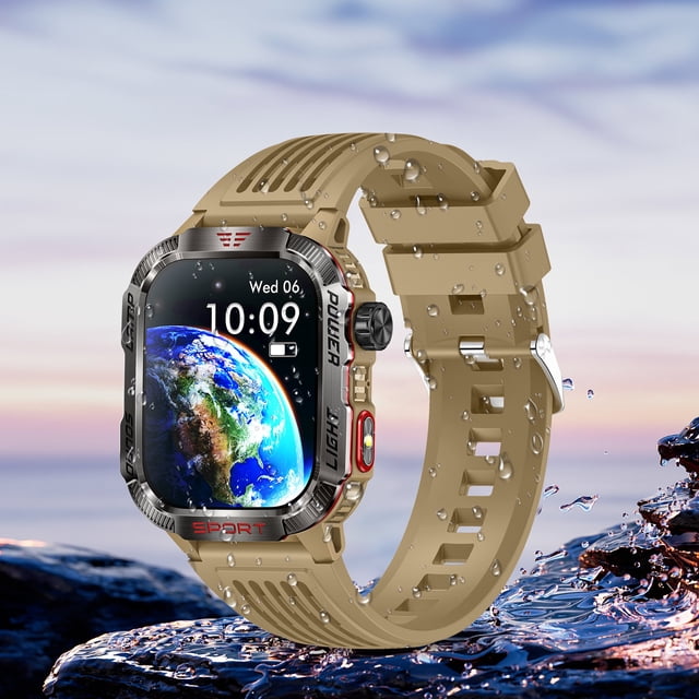 Chmadoxn Smart Watch HT29 Smartwatch Outdoor Sports LED Lamp Banknote Detection Lamp Call Altitude Barometric Pressure Bracelet Smart Watches centered front-facing view of the HT29 with a round 41–43mm AMOLED dial and black silicone wristband; sport-style case with side push button and integrated LED lamp, display indicating Bluetooth call and sensor modes; product specs note altimeter and barometer tracking plus banknote detection and calling features. Photographed on a neutral gray surface. Often used as a compact bedside LED light when charging.