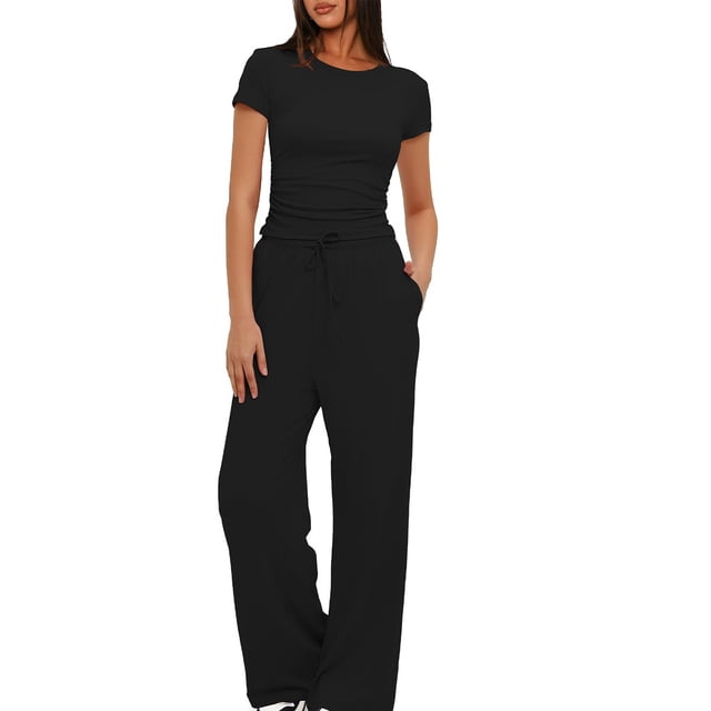 Birdeem Ensemble 2 Pcs Femme Mode Col Rond Uni Blouse à Manches Courtes + Pantalon Long Taille Élastique