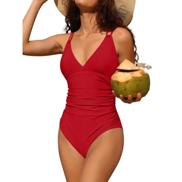Charmo Maillots de Bain une Pièce pour Femmes à Col en V, Contrôle du Ventre, Monokini Froncé