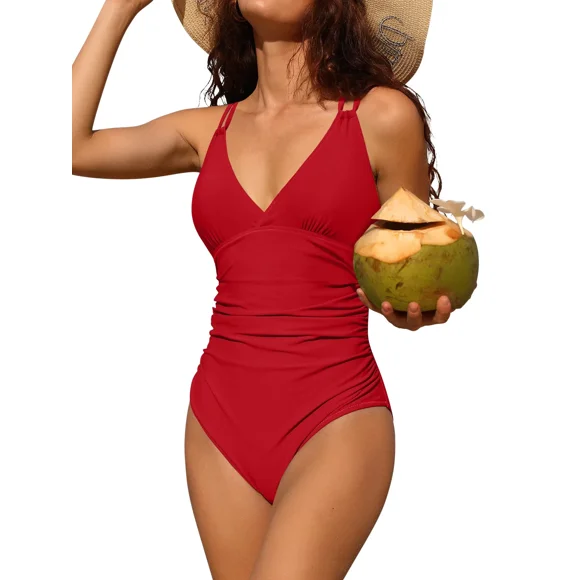 Charmo Maillots de Bain une Pièce pour Femmes à Col en V, Froncés, Gainants, Monokini