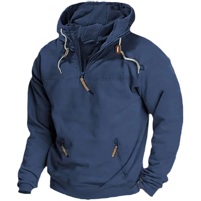 Durtebeua Chandail à Capuchon à Col Rond Léger et Respirant pour Homme en Bleu, Taille 2TG. Fabriqué en polyester, Ce Chandail à Capuchon à Motif Uni Présente un Col Rond, des Manches Longues et une Coupe Ample. Conçu pour Toutes les Saisons, Il Convient au Port Quotidien et aux Activités de Plein Air. le Chandail à Capuchon Comprend des Cordons de Serrage Ajustables, un Détail de Fermeture Éclair avant et Deux Poches Zippées pour une Fonctionnalité Accrue.