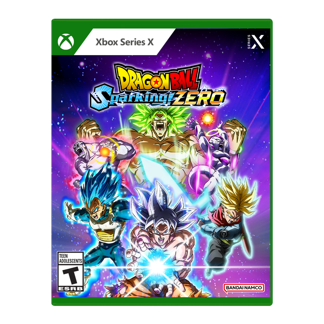 DRAGON BALL : Sparking! ZERO Xbox Series X game cover Mettant en Vedette six Personnages DRAGON BALL dans des poses de Combat 3D Dynamiques avec des Effets d'Énergie Lumineux sur un Fond Cosmique Violet, Incluant le logo Bandai Namco et la Cote ERB pour Ados.