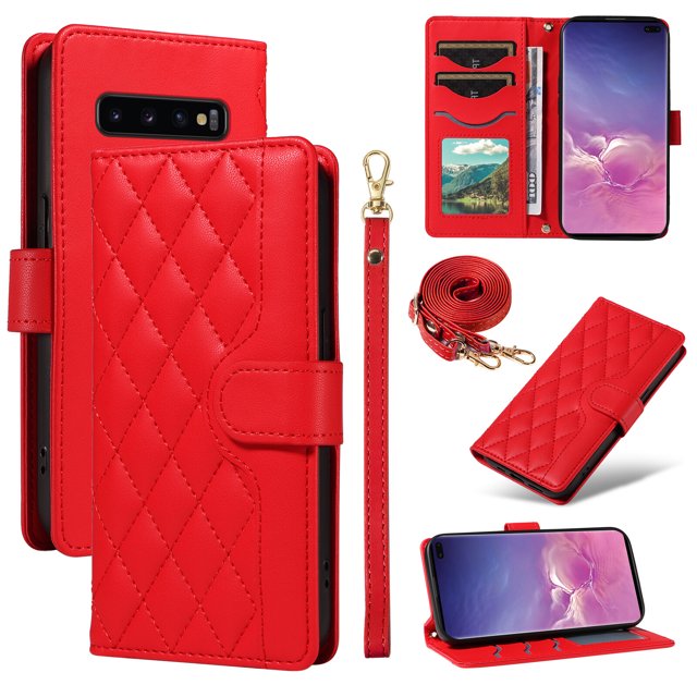 Samsung Galaxy S10 Plus Phone Case , Wallet Flip Cover Adjustable Crossbody Lanyard Magnetic Card Slots