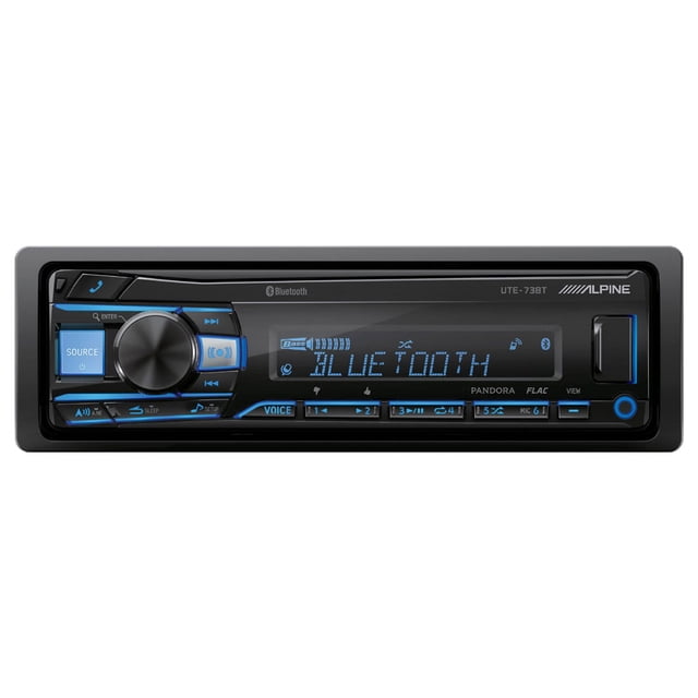Alpine UTE-73BT Single-DIN Bluetooth Digital Media Receiver with a sleek black design, featuring a high-contrast LCD display with blue RGB illumination. The front panel includes a rotary knob, source button, and auxiliary input for easy control and connectivity. Compatible with FLAC, MP3, and WMA audio files via USB, it supports Bluetooth hands-free calling and audio streaming. Ideal for in-car entertainment with Android AOA 2.0 and Pandora integration.
