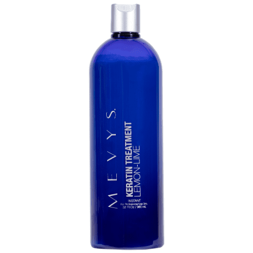 Mevys Keratin Treatment LEMON 33.8 oz / 1000 ml in a sleek blue bottle with a silver cap. This keratin treatment combines seven proteins, including collagen, silk amino acids, and natural wheat, rice, and soy proteins, to restore and nourish damaged hair. The product is designed to rebuild hair fibers, fight frizz, and improve manageability while providing elasticity and shine.