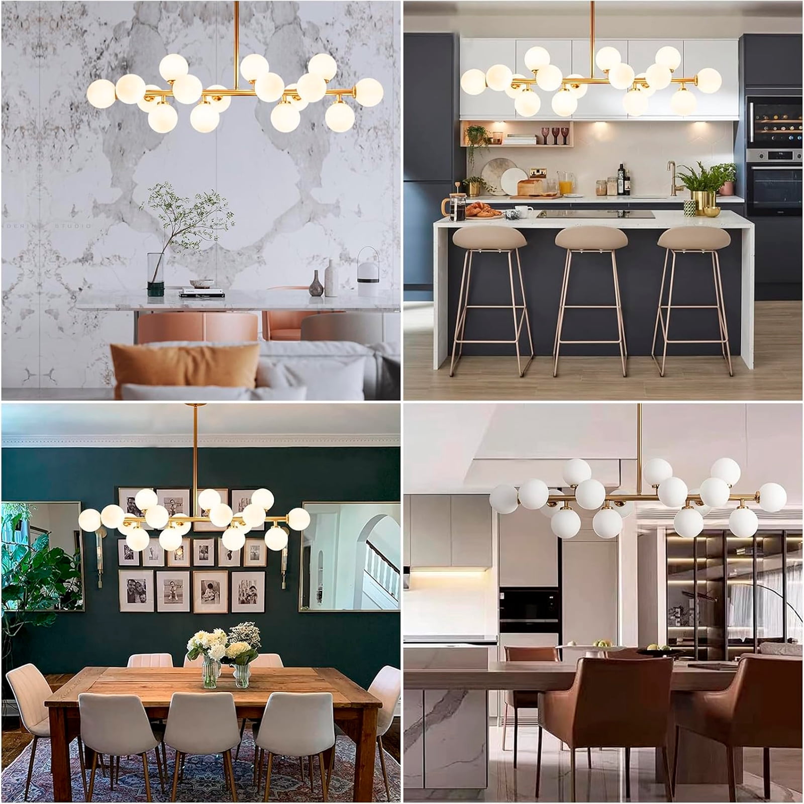 Heavenly Collections | Lustre Linéaire Moderne Multi-Lumières (16 lumières) - Suspension Or Brossé Style Mid-Century - Plafonnier Contemporain avec Sphères en Verre Opale