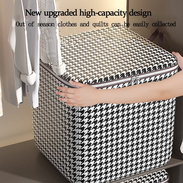 EGNMCR Closet Organizers and Storage, a portable houndstooth-patterned storage bag with double zipper closure and reinforced handles. Designed for wardrobe organization, it accommodates clothes, quilts, and seasonal items. Lightweight, foldable, and suitable for closets, under beds, or travel.
