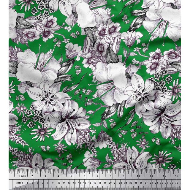Soimoi polyester Crepe Fabric Leaves & Flower Floral Decor Fabric Printed Yard 52 Inch Wide