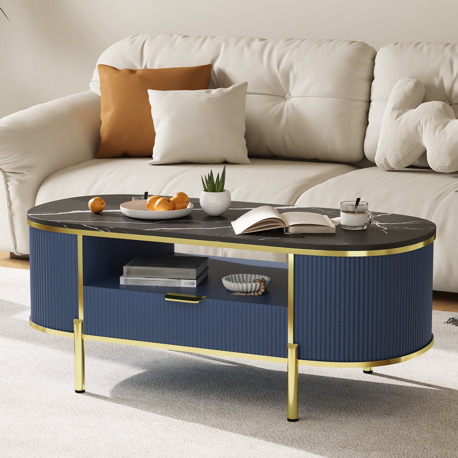 Modern Fluted Oval Coffee Table with Faux Marble Top – Storage Drawer ...