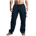 thumbnail image 2 of XZNGL Casual Pants for Men, Cotton Linen Blend Drawstring Elastic Waist Multi Pocket Cargo Style, Low Rise, Straight Leg, Breathable Summer Winter Wear, 2 of 6