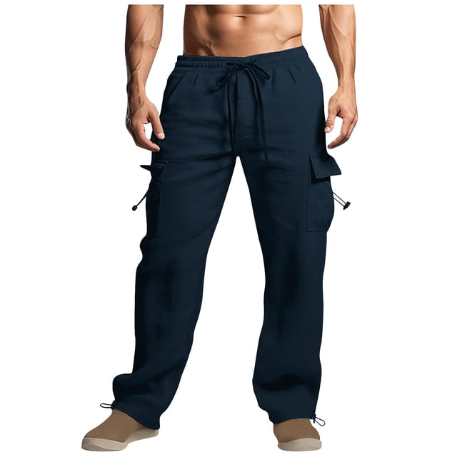 FAIWAD Mens Cotton Linen Pants Elastic Drawstring Waist Lightweight Loose Summer Beach Pants