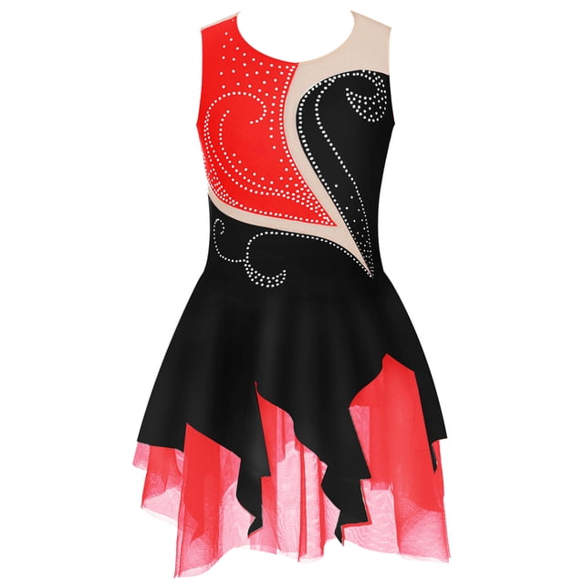 Jhaoyu Robe de Patinage à Glace Sans Manches pour Filles avec Strass Scintillants, Robe de Danse Gymnastique Noire&Rouge 10