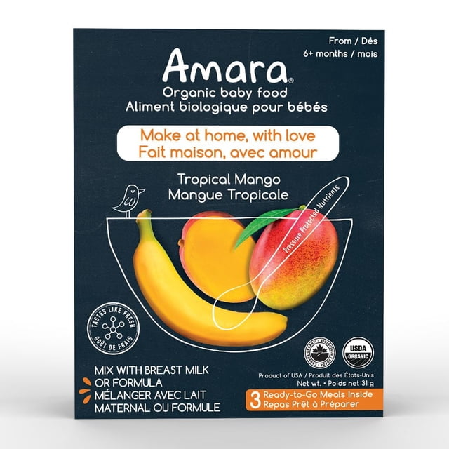 Amara Tropical Mango Organic Baby Food pouch packaging with banana and mango illustrations on dark blue background, USDA organic certified, for babies 6+ months, includes instructions to mix with breast milk or formula, ideal organic baby food pouch for nutritious feeding.